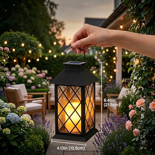 Yowin Lanterne da Esterno 2 Pezzi Lanterna Solare da Giardino con Candele Tremolante, Lampada da Appendere Impermeabile Lampade da Tavolo per Arredo Giardino Terrazzo Balconi Decorazioni - Nero