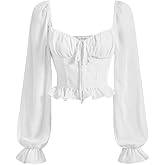 WDIRARA Women's Tie Front Ruched Ruffle Blouse Sweetheart Neck Lantern Long Sleeve Shirts