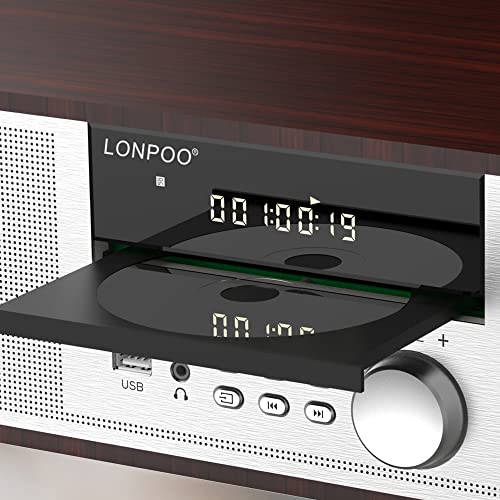 LONPOO Stereo Shelf System for Home, Vintage CD Player 40W RMS Micro Mini System with Remote Control, Bluetooth, FM Radio, USB MP3 Playback & Aux-in,Silver
