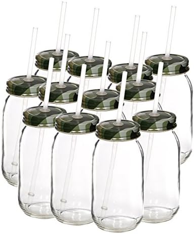 Set of 12 Clear Glass Mason Jars 25oz Includes Camo Lids &amp; Plastic Straws