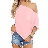 REVETRO Off the Shoulder Tops for Women Summer Sexy Short Sleeve Shirt Casual Batwing Blouse Oversized T Shirt Tunic Top