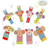 FunsLane 8 Packs Baby Rattle, Baby Wrist Rattles and Foot Finder Socks Set, Educational Development Soft Animal Toy Shower Gift with Monkey, Elephant, Puppy and Piggy