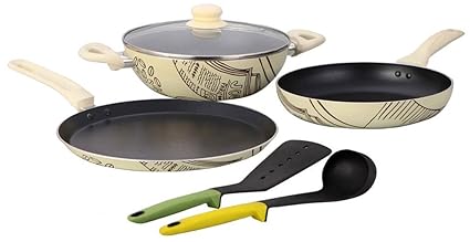 Wonderchef Picasso Cookware Set, 4-Pieces, Black and Cream (Free Silicone Spoon and Spatula)