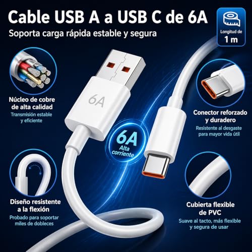 Rantuia Cargador 120W para Xiaomi con Cable USB C 6A 1M, Carga Rápida Turbo Tipo C Compatible con Xiaomi 15/14/13/12/11 Pro, 14T/13T/12T y Redmi Note K80/K70/K60/K50/13