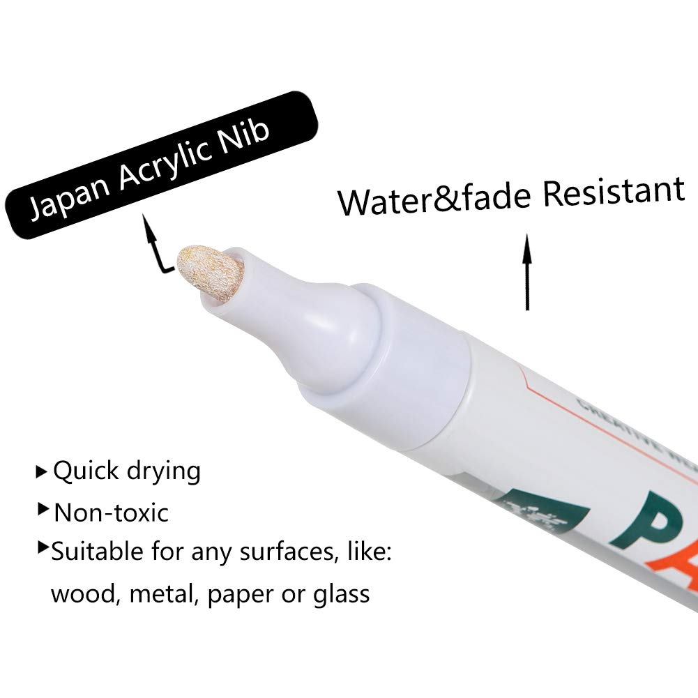Paint Pens for Rock Painting-Stone, Ceramic, Metal, Glass, Wood, Fabric, Set of 6 Medium Tip Acrylic Paint Markers High Volume Ink Water and Fade Resistant for DIY Craft Projects Quick Drying(White)