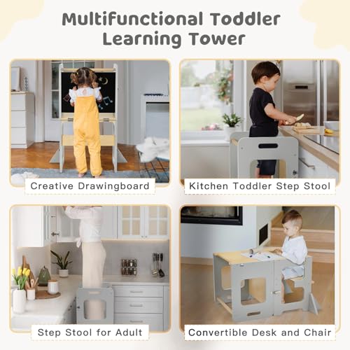 labebe Montessori Tower for Children, Folding Learning Tower with Blackboard, Multifunction 3 in 1 Learning Tower, Tower from 1 Year (Grau)