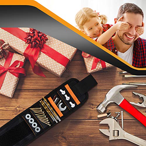 Magnetic Wristband,Tool Belt with 15 Strong Magnets and 2 Pockets for Holding Screws,Tools, Nails,Drill Bits,Great Gifts for Men,Dad,Husband,DIY Handyman, Black