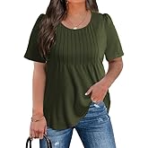 CARRROTMOB Plus Size Womens Summer Tops Puff Short Sleeve Crew Neck Pleated T Shirts Loose Dressy Casual Blouses