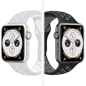 Image of iWatch Band, KADES Breathable Soft Silicone Replacement Band Compatible for Apple Watch Series 4 44mm& Series 1/2/ 3 42mm (2-Pack, Black/Gray, Gray/White)