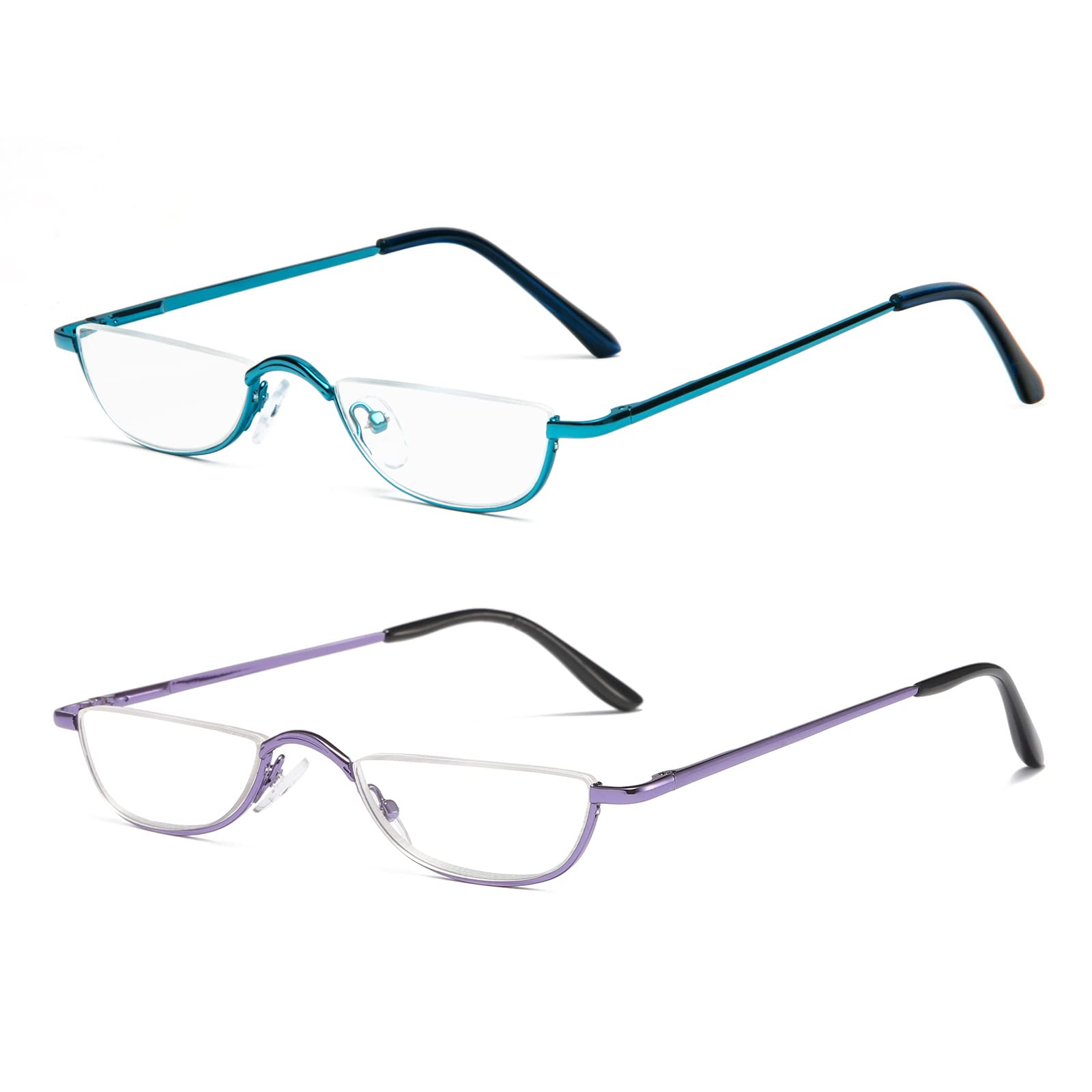 KoKoBin Half Frame Reading Glasses Spring Hinges for Men Women Slim Half Moon Lens Readers Metal Semi Rimless eyewear (Blue+Purple,1.0)