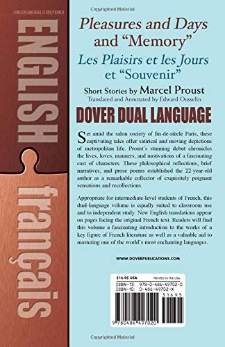 Pleasures And Days And Memory Les Plaisirs Et Les Jours Et Souvenir Short Stories By Marcel Proust A Dual Language Book Dover Dual Language French Proust Marcel Ousselin Edward H 0800759497027 Amazon Com