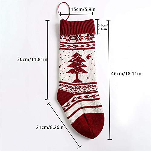 Stock Show 18" Christmas Knit Stockings With Snowflake and Xmas Tree Pattern Large-Size Xmas Gift Bags Vintage Christmas Stockings for Christmas Decoration HomeFireplace Decor, Set of 2, Red and Cream