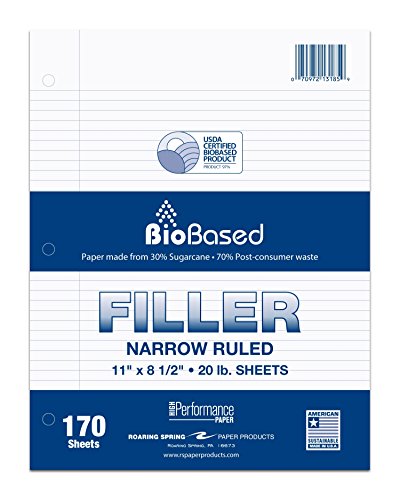 Case of 24 Packs of Biobase Filler Paper, 8.5"x11", 170 Sheets Per Package of 20# White Paper 3-Hole Punched, Narrow Ruled W/Margin