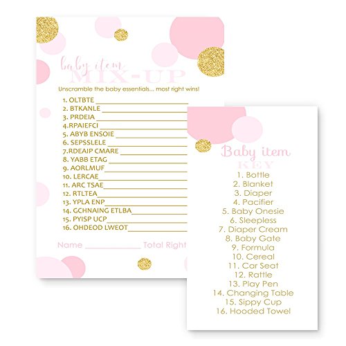 Paper Clever Party Pink and Gold Baby Shower Games Word Scramble Cards ( 25 Pack )