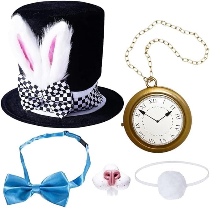 BigTree Men Women Fancy Dress Up Velvet Easter Bonnet Cosplay Wizard Accessory for Carnival Easter Halloween Celebrations Bunny Sets Ears Hat Tail Watch Nose Headwear Dress-Up Accessories Adult