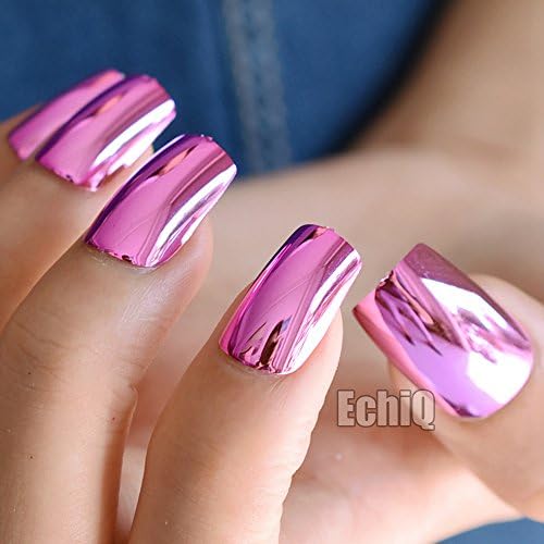 Reflective Mirror Light Soft Pink Metal Plating False French Acrylic Nail Tips Metallic Square Fake Nails 03