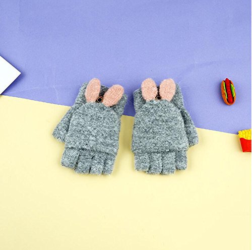 Unisex Kids Glove,Wool Knitted Convertible Flip Top Gloves Mittens with Mitten Cover Winter Warm Half Finger (Grey)