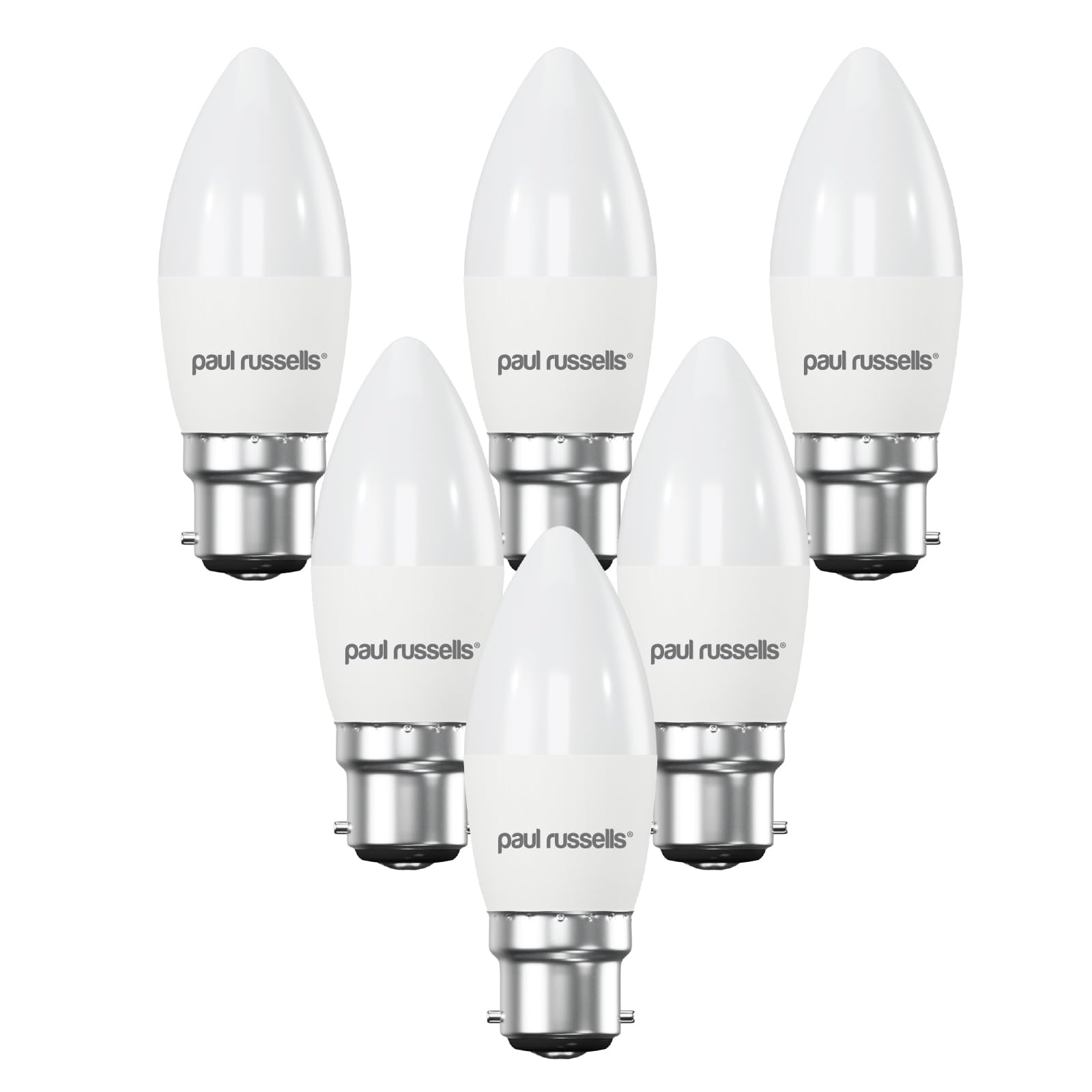 paul russells LED Light Bayonet Cap B22, 60watt Equivalent, 6.5W 806LM LED Bulbs, 6500K Bright Daylight, Frosted C35 BC Candle Energy Saving Non-Dimmable Chandelier Lightbulbs, 6 Pack