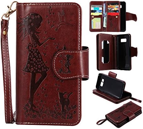 Galaxy S8 Plus Wallet Cellphone Case,Welegant Embossed Girls Animals Wallet Kickstand Case with Hand Strap & Card Holder Slots for Samsung Galaxy S8 Plus (Fit Galaxy S8 Plus, Brown)