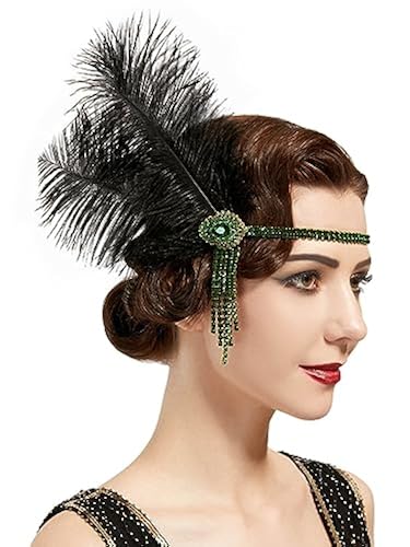 SWEETV Flapper Headband 1920s Headpiece for Women, Roaring 20s Great Gatsby  Feather Rhinestone Hair Accessories,Green in Oman Whizz Headbands