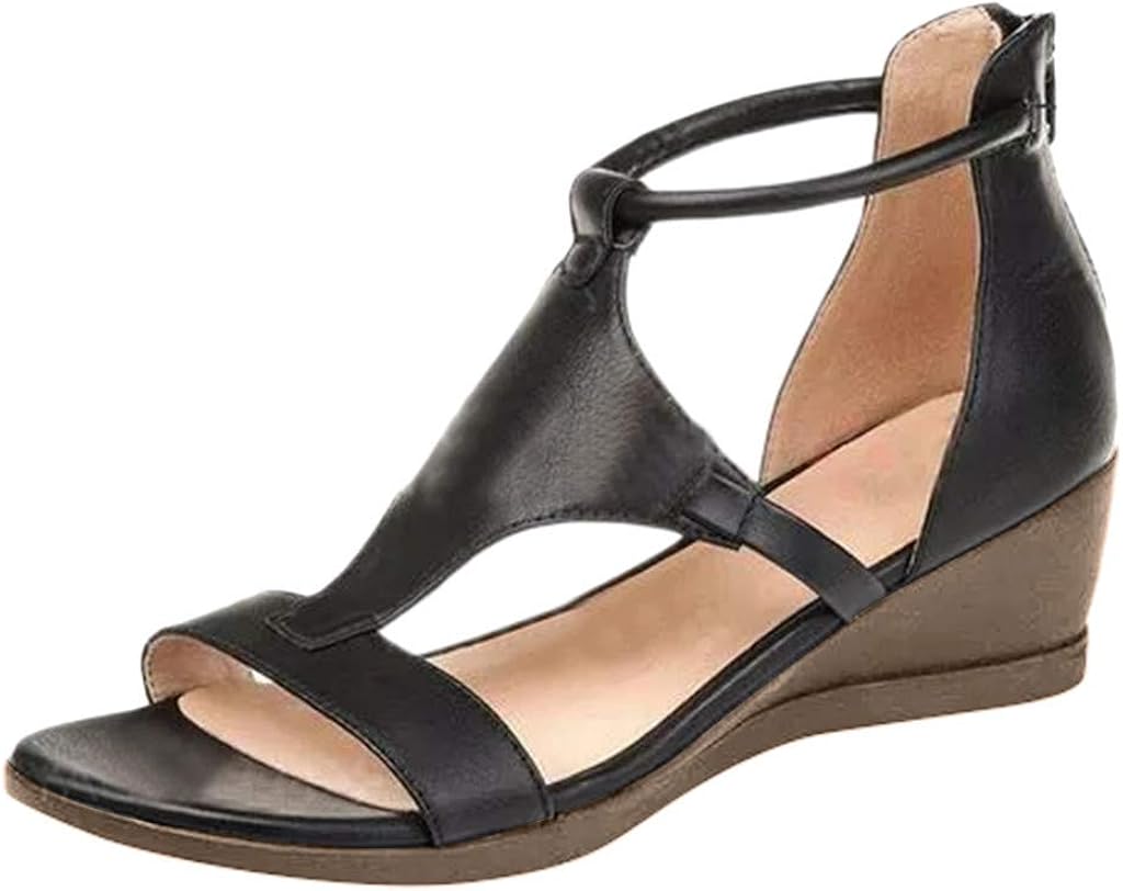 Sunhusing Wedge Sandals Women's Open Toe Solid Color PU Leather Casual Platform Shoes Rear Zipper Roman Sandals