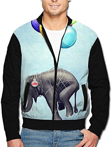 Roajgas Men Flying Hot Air Balloon Elephant Polyester Stand Collar Front Zip Jacket