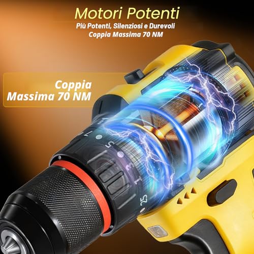 Brushless Drill Driver Battery, 21 V Percussion Drill, 70 Nm Max with 2 Batteries 2.0 Ah, 25 + 3 Pairs, 2 Speeds, LED Light, Electric Screwdriver for Screwing and Drilling Wood, Plastic and Metal