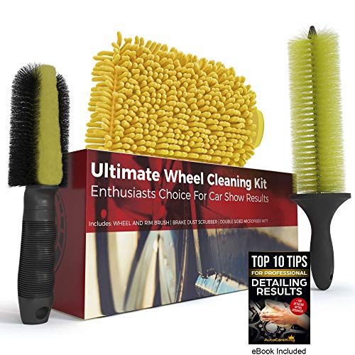 Ultimate Wheel Brush Set and Cleaning Kit - Includes Long Reach Rim and Wheel Cleaner Brush, Brake Dust Tire Scrubber and Microfiber Wash Mitt - Perfect For Auto Detailing