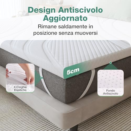 Novilla Topper 160x200, Topper Matrimoniale in Memory Foam e Schiuma in Fibra di Bambù 5cm，Favorisce la Ventilazione e la Permeabilità All'aria, Buon Supporto, Eccellente Fascia Elastica Antiscivolo