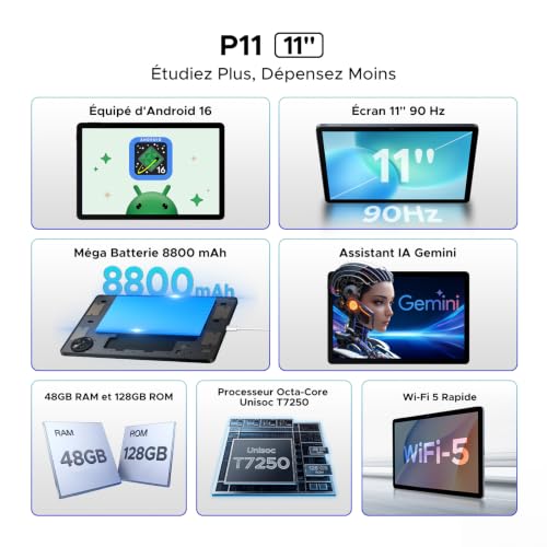 Easerush P11 Tablette 11 Pouces, Tablette Android 16 avec 48Go+128Go/2To TF, Tablette Tactile avec 90Hz Display, T7250, Gemini AI, 8800mAh, 13 MP+5MP, Widevine L1, 5G WiFi, Stylet, Clavier, Noir