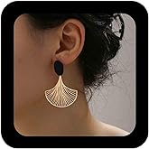 Erimberate Bohemian Ginkgo Leaf Dangle Earrings Gold Metal Leaves Drop Earring Black Acrylic Oval Stud Earring Large Hollow Ginkgo Leaf Earrings Jewelry for Women