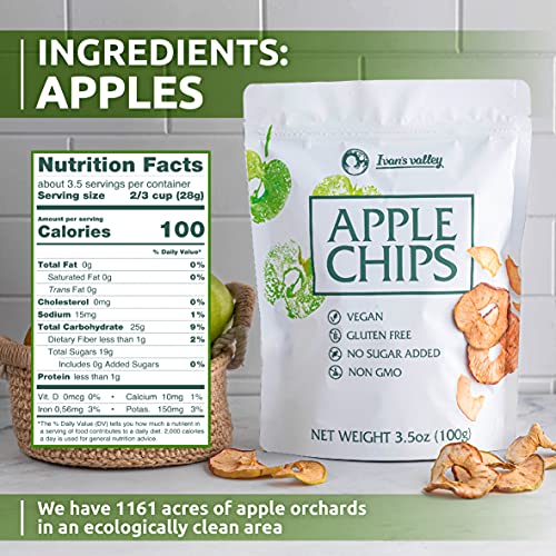 Apple Chips Natural Crisps Pouches [1 Pack] Dried Fruit Snack No Sugar Crunchy Slices Bare