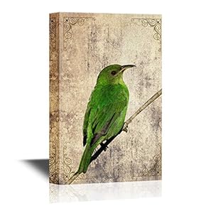 Birds and Poultry Canvas Wall Art - Green Bird Standing on Tree Branch - Gallery Wrap Modern Home Art | Ready to Hang - 12x18 inches