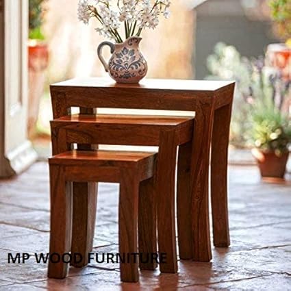MP WOOD FURNITURE Carissa SheeshamSolid Wood Stool Set of 3 Nesting Bedside Tables