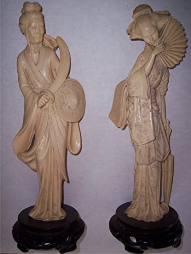 oriental statue Figurines, set of 2: Geisha & Samurai, 13 in. tall, Carved Ivory (simulated faux), Asian Chinese Japanese sculpture