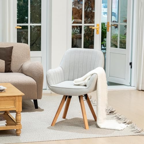 MEUBLE Cosy Dining Chair 360° Swivel Makeup Chairs Desk Wooden Legs Upholstered in Fabric with Back and Arms for Living Room Kitchen Office, Beige