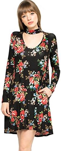 My Space Clothing Women's Floral Jersey Choker Swing Dress w/Pocket (Medium, Black/Red)