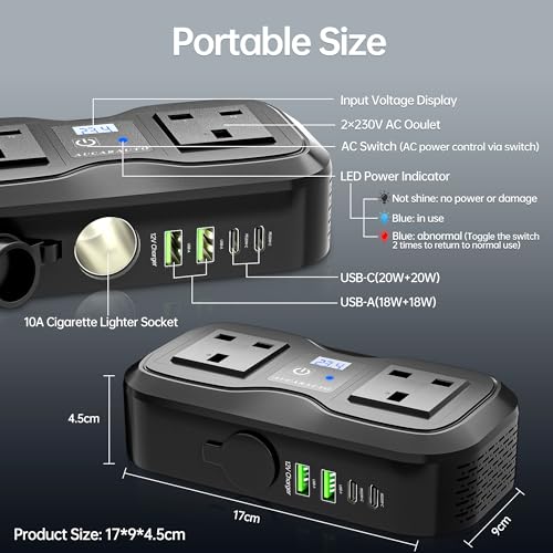 AUCARAUTO 7 in 1 Multi Car Power Inverter 200W 12V to 240V Voltage Converter with LED Voltmeter, 4-Port PD/QC3.0 USB Charge, 3-Pin Sockets and Cigarette Lighter Splitter, USB C Car Charger for Laptop