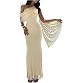 Milumia Women's Asymmetrical Neck Mesh Maxi Dress Short Sleeve Ruched Bodycon Cocktail Wedding PartyDresses