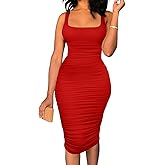 BEAGIMEG Women's Sexy Tank Top Bodycon Ruched Sleeveless Basic Midi Party Dress