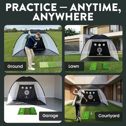 TS GOLF - Golf Practice Net - Indoor & outdoor 10x7ft - XL Tri-Turf driving net and Mat, 5 Balls, 3 Rubber Tees, Carry Bag, Chipping net, golf nets for backyard driving