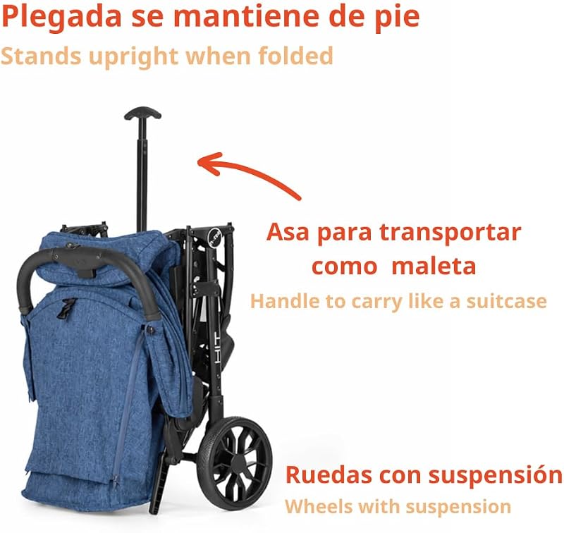 Hit Silla de Paseo Ligera hasta 22 kg, Plegado Compacto con Una Mano, Asa de Transporte, Respaldo Reclinado, Capota Extensible, Azul