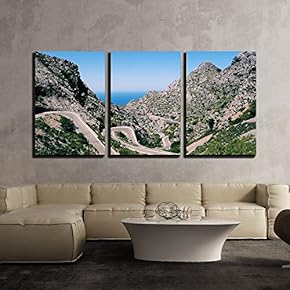 3 Piece Canvas Wall Art - Mountain Range and Curved Roads - Modern Home Art Stretched and Framed Ready to Hang - 16"x24"x3 Panels