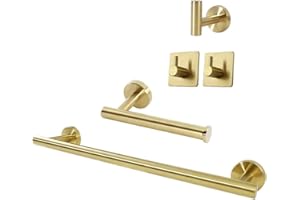TocTen 5 PCS Bathroom Hardware Set SUS304 Stainless Steel-Towel Rack Set Include Lengthen Hand Towel Bar+Toilet Paper Holder+3 Robe Towel Hooks Bathroom Accessories Towel Bar Set(Brushed Gold,16IN)
