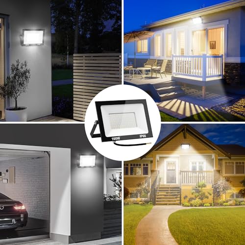 100W Reflectores Led Exteriores 2 Pack, Luz Exterior IP66 Impermeable, Iluminación Equivalente a 1000W, 6500K Luz Fría, 9000LM, Para Jardines, Terrazas, Fábricas, Muelles, Plazas Iluminación