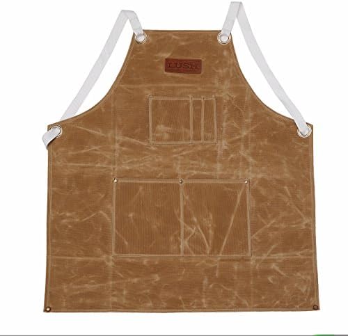 Lush LP - Heavy Duty Waxed Canvas Apron - X Back Strap Design - 3 Large Pockets - Tan