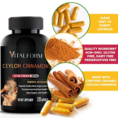 VitalForm Cinnamon Capsules - Organic Ceylon Cinnamon - 120 Ceylon Capsules - Supports Healthy Glucose Balance- Blood Sugar Support - Cinnamon Supplements - 1200 mg