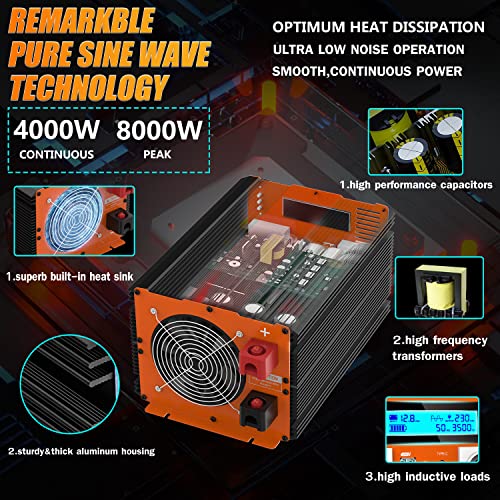 Inverter 12 V 220 V Pure Wave 4000 W Power Inverter 12 V to 220 V Power Converter with Remote Control & Dual AC Sockets & 2 x USB & Type-C Port for Car Camper