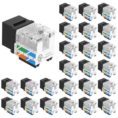 VCE UL Listed Cat6 RJ45 Keystone Jack Insert 25-Pack, 90 Degree Punch Down Keystone Jack Adapter Slim Profile Black