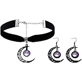 Bestleey Gothic Moon Earrings Necklace Suit for Women,Vintage Velvet Crystal Relief Earring Necklaces Choker Punk Style New Moon Earrings Necklace Dark Gothic Mysterious Jewelry Halloween Costume